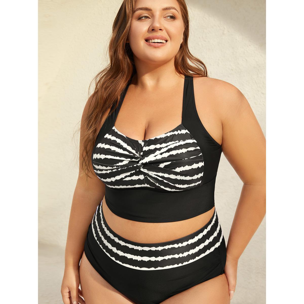 Plus Size Striped Twisted Front Cross-Straps Swim Top Women's Swimwear Black Beach Twist High stretch Skinny Heart neckline Curve Swim Tops BloomChic 14-16/1X Product Image