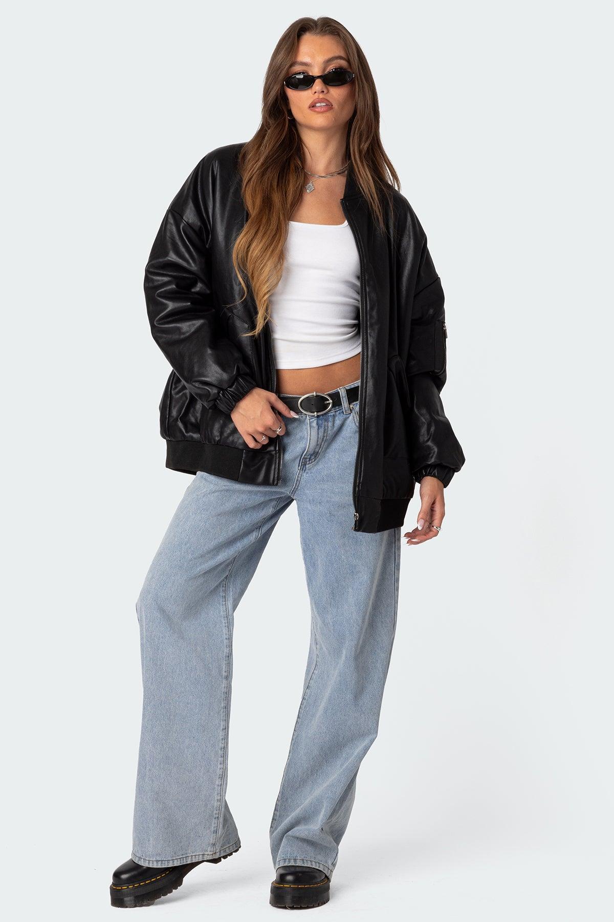 Faux Leather Oversized Bomber Jacket Product Image