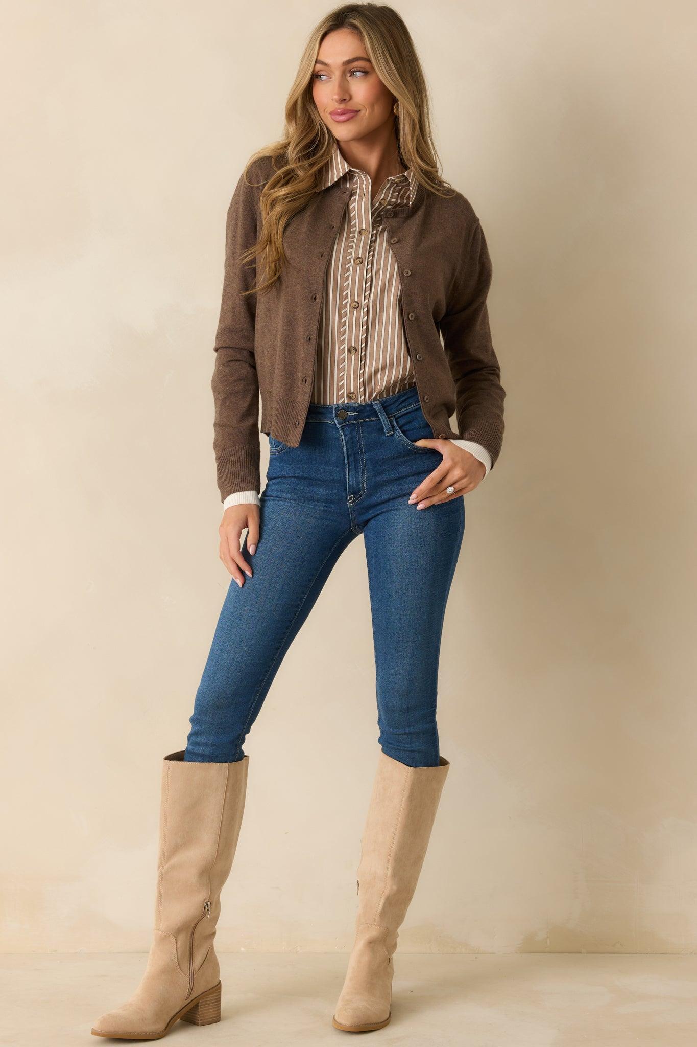 Keep Things Simple Brown Button Front Long Sleeve Cardigan Product Image