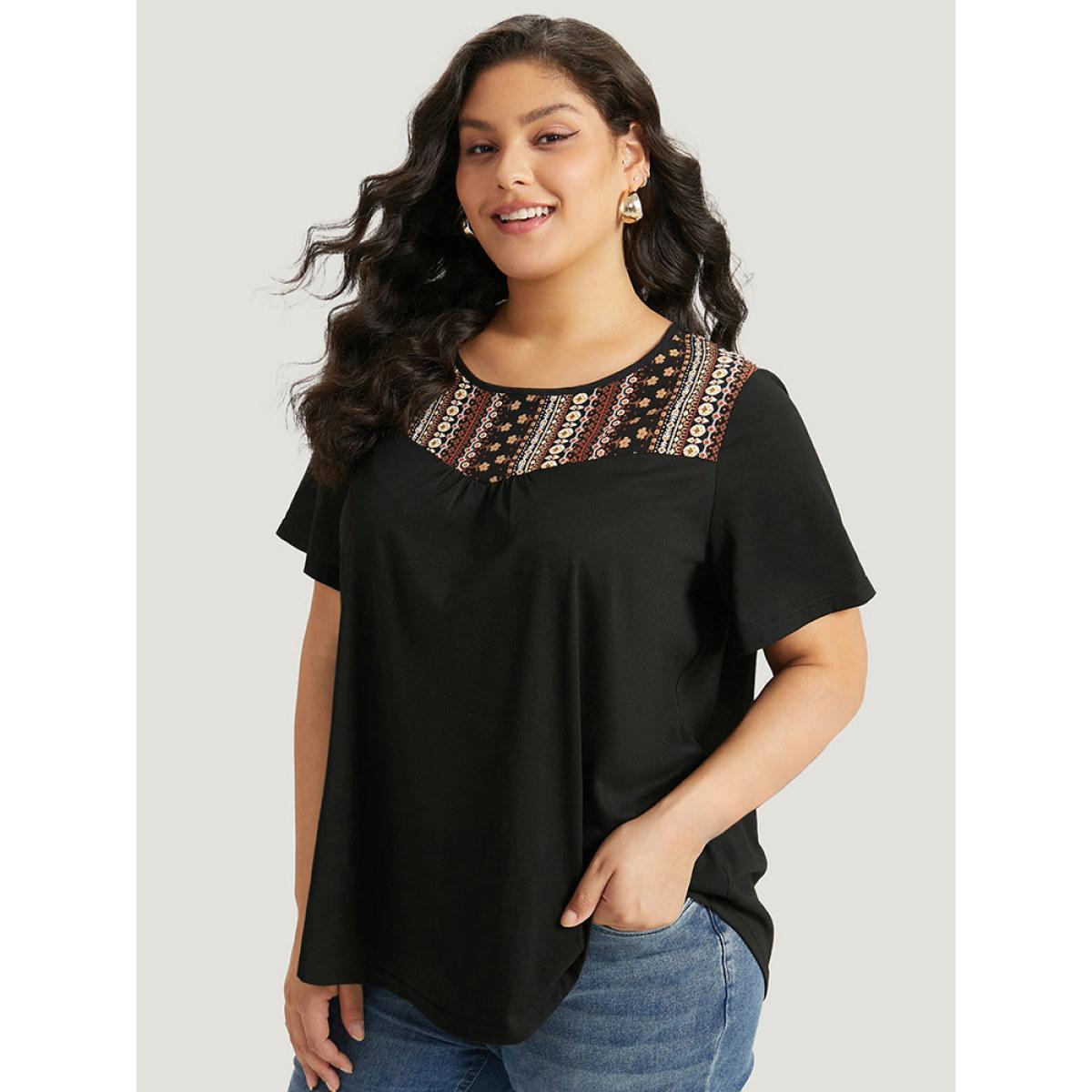 Plus Size Bandana Striped Patchwork Gathered T-shirt Black Women Elegant Printed Bohemian Print Round Neck Dailywear T-shirts BloomChic 12/L Product Image