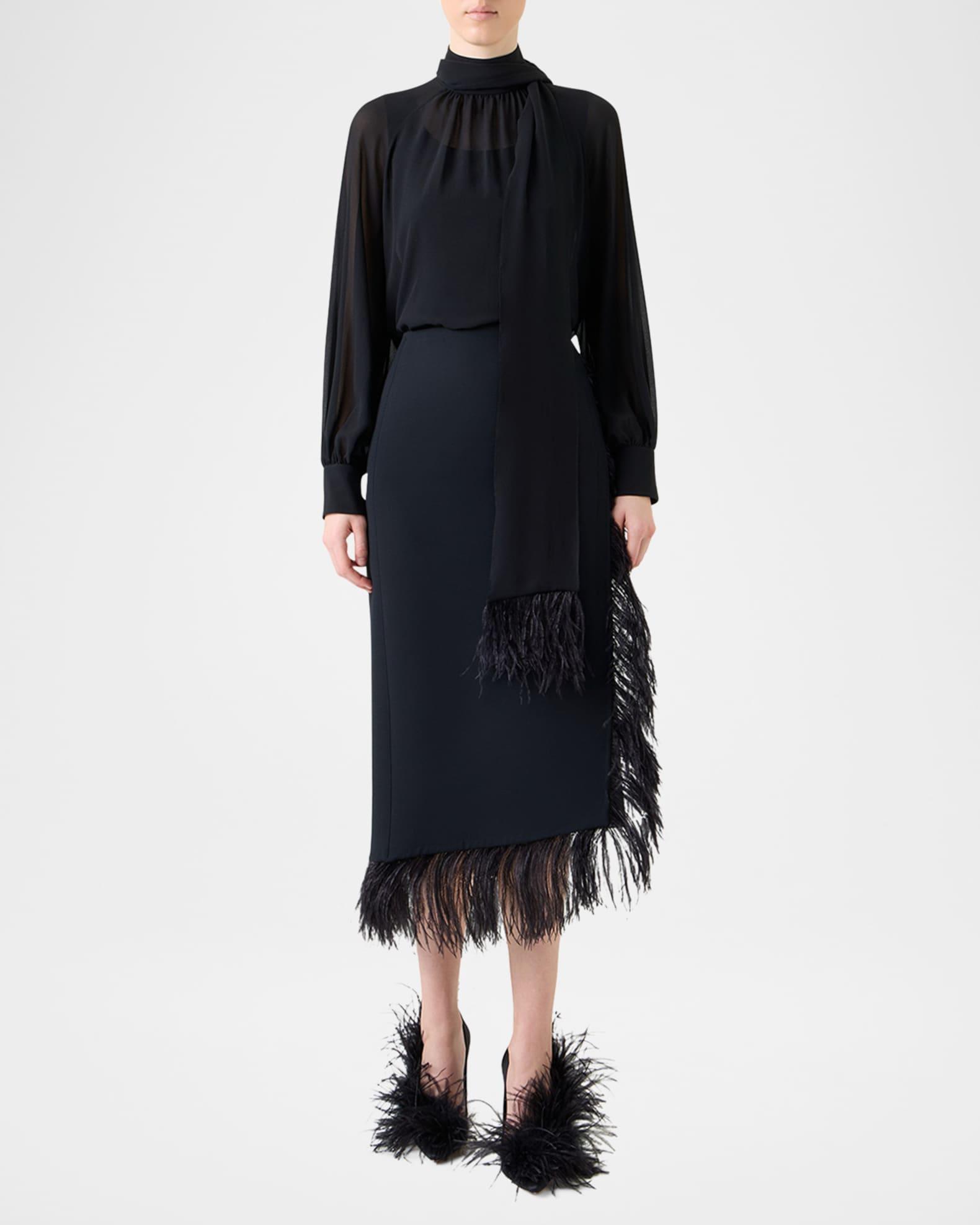 Feather-Trim Scarf Silk Georgette Blouse Product Image