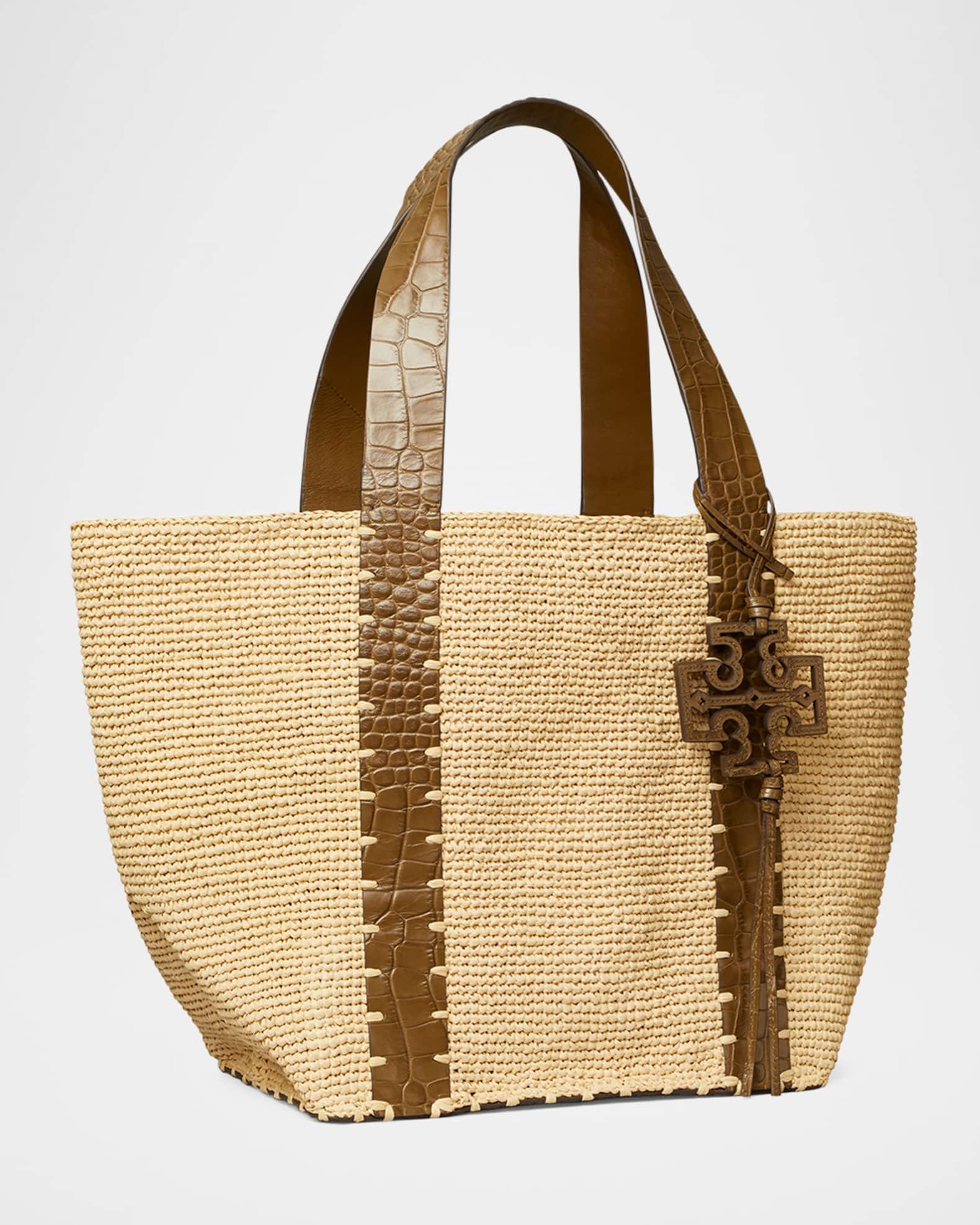 Embossed Leather & Raffia Tote Bag Product Image