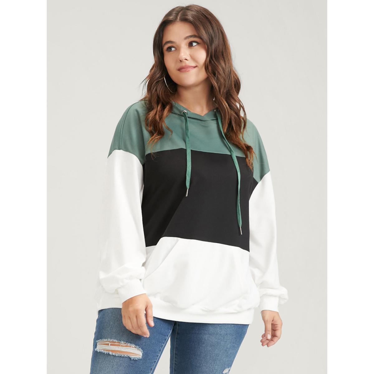 Plus Size Colorblock Contrast Drawstring Pocket Hooded Drop Shoulder Sweatshirt Women Multicolor Casual Contrast Hooded Dailywear Sweatshirts BloomChic 14-16/1X Product Image