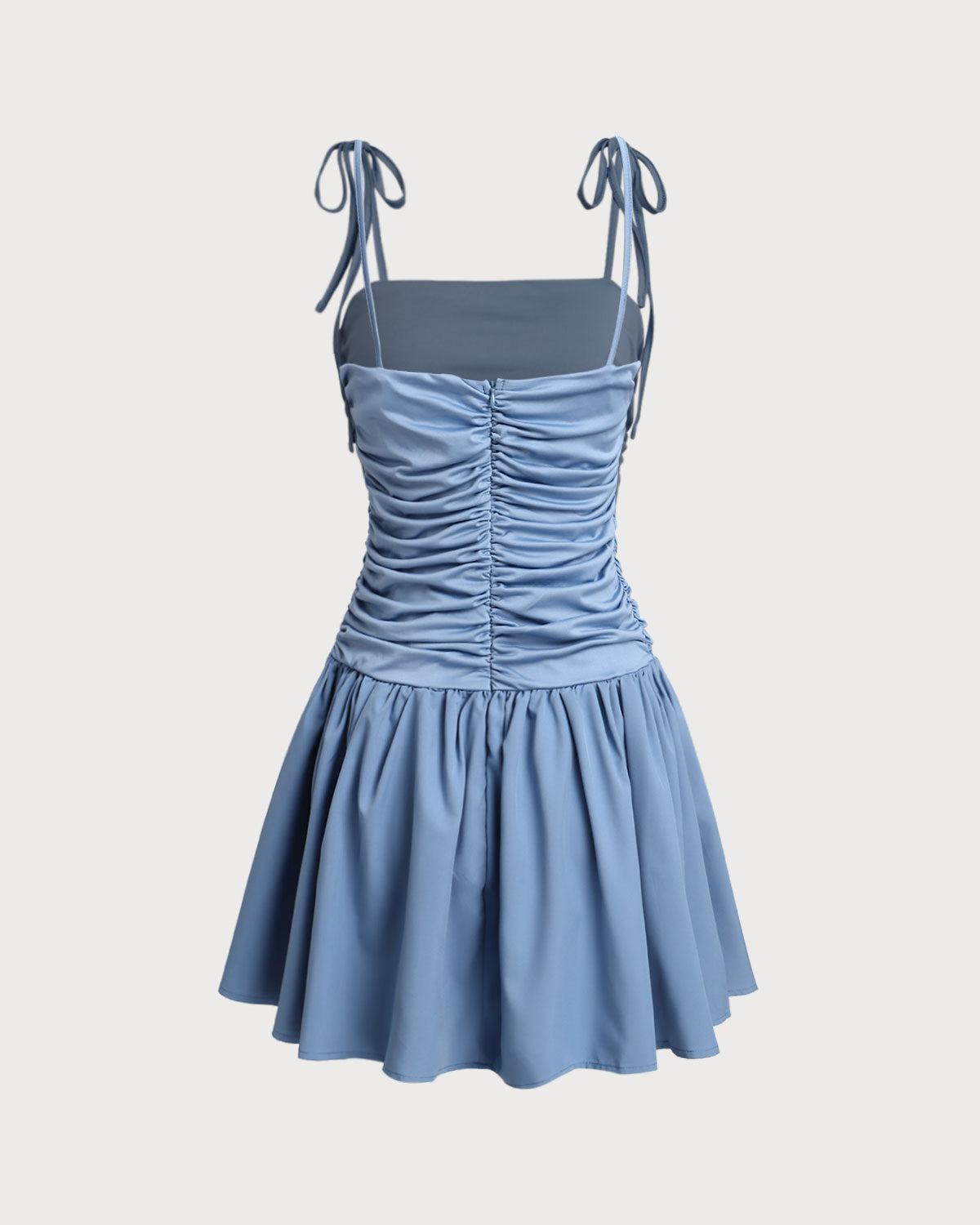 Blue Ruched Tie Strap Mini Dress Product Image
