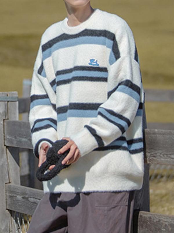 Men's Contrast Color Striped Fuzzy Sweater Product Image