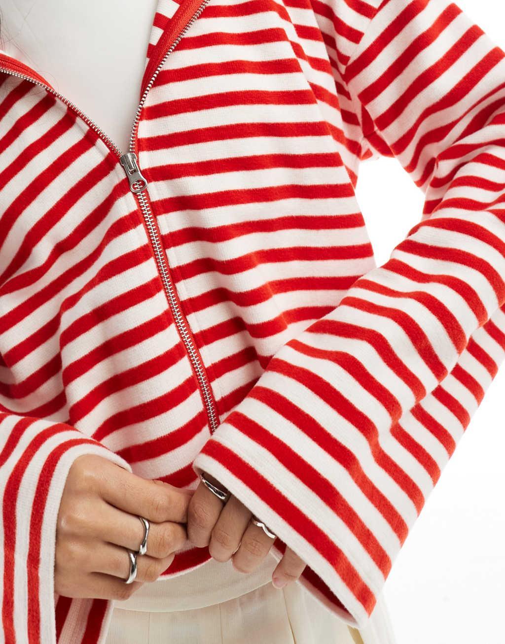 ASOS DESIGN supersoft boxy zip up hoodie in red and white stripe Product Image