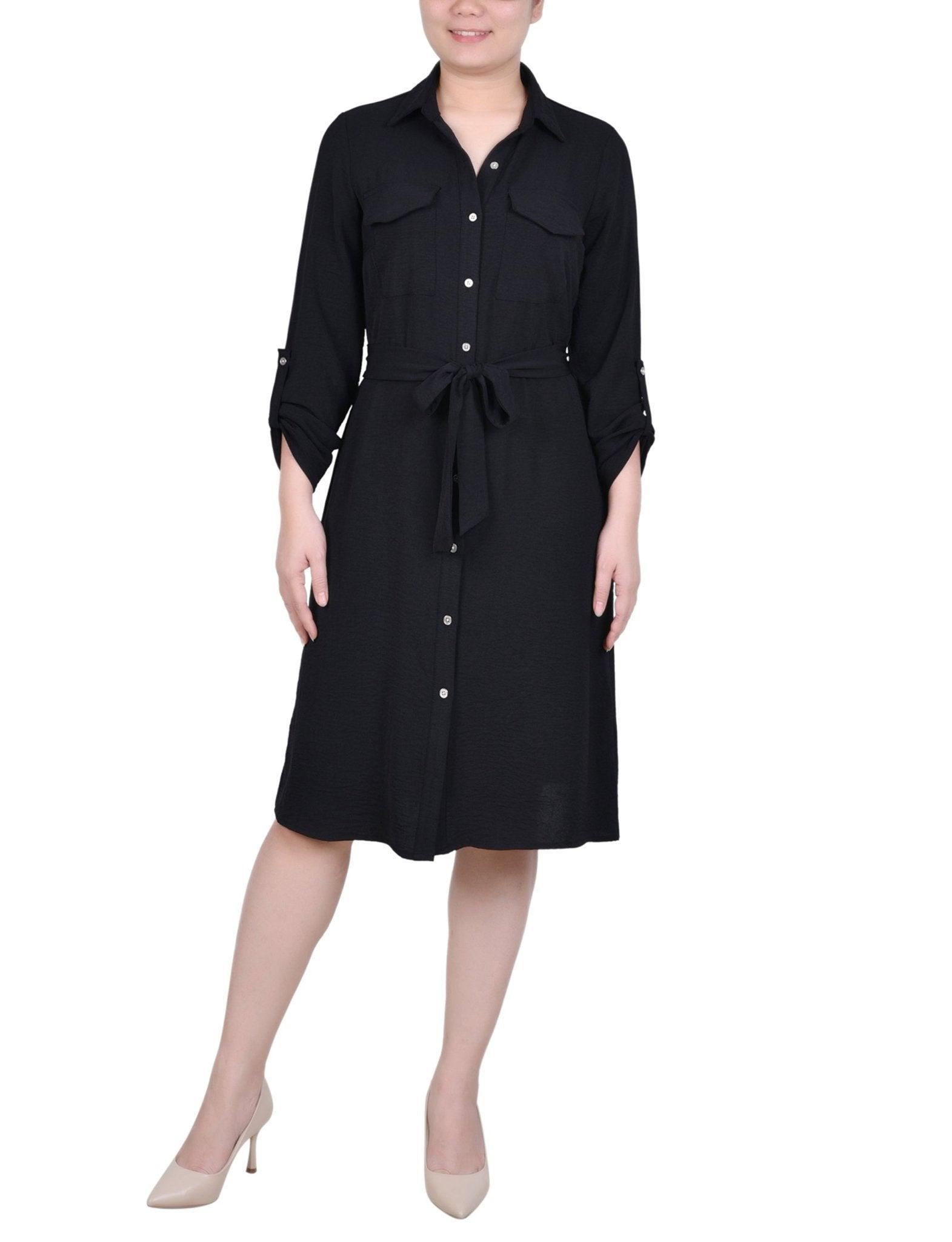 Black Long Roll Tab Sleeve Shirtdress Product Image