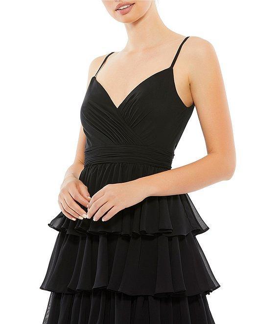 Mac Duggal Sheer Chiffon V-Neck Sleeveless Ruffle Layer Tiered Hem A-Line Midi Dress Product Image
