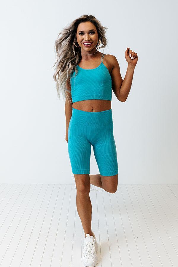 Up At Dawn High Waist Ribbed Biker Shorts in Turquoise Product Image