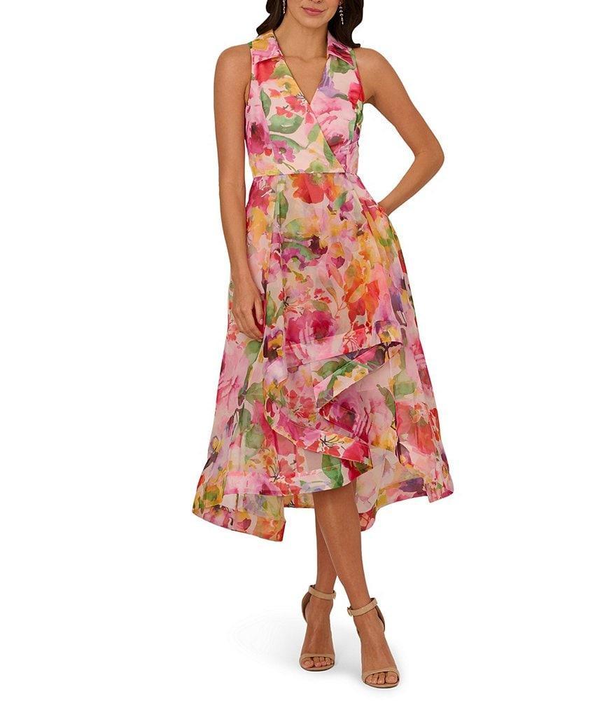 Adrianna Papell Organza Floral Print V Neck Sleeveless Ruffle A-Line Midi Dress Product Image