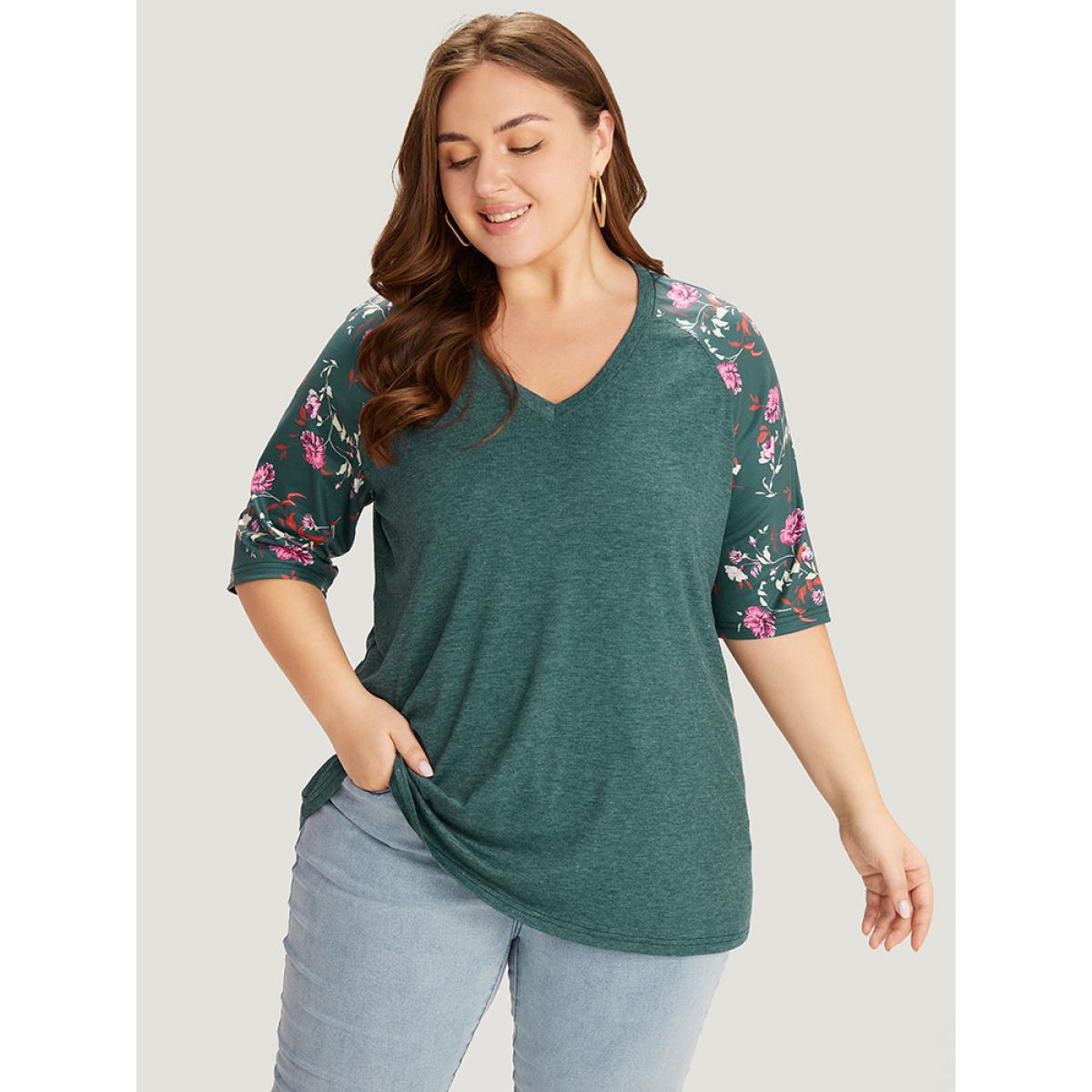 Plus Size Floral Patchwork Raglan Sleeve T-shirt DarkGreen Women Elegant Patchwork Floral V-neck Work T-shirts BloomChic 12/L Product Image