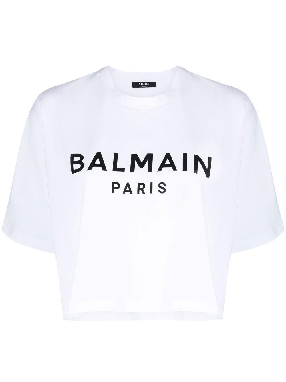 BALMAIN White Logo Cropped Cotton T-shirt Product Image