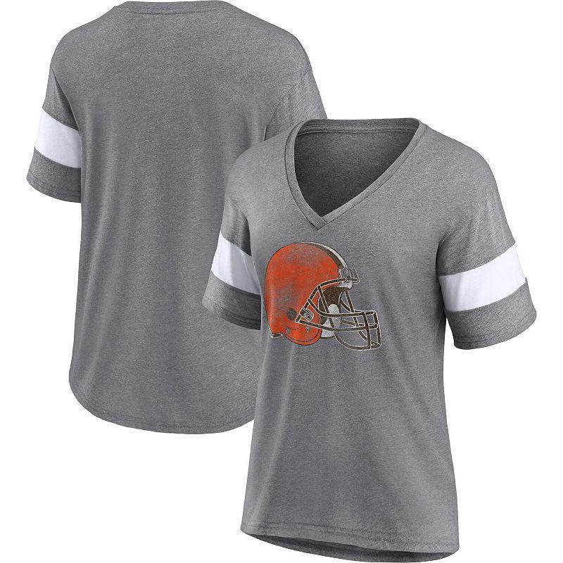 Womens Fanatics Branded Heathered Gray/White Cleveland Browns Distressed Team Tri-Blend V-Neck T-Shirt Product Image