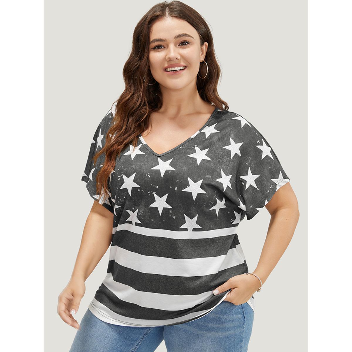 Plus Size Star & Striped Print Batwing Sleeve T-shirt DimGray Women Casual Moon and Star V-neck Everyday T-shirts BloomChic 12/L Product Image