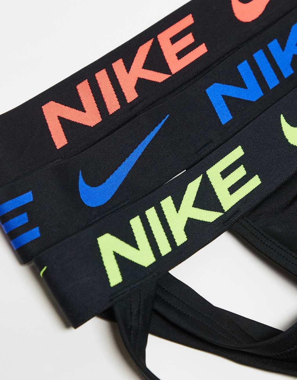 Nike Essential Micro 3 pack Jockstraps in black with colored waistband  Product Image