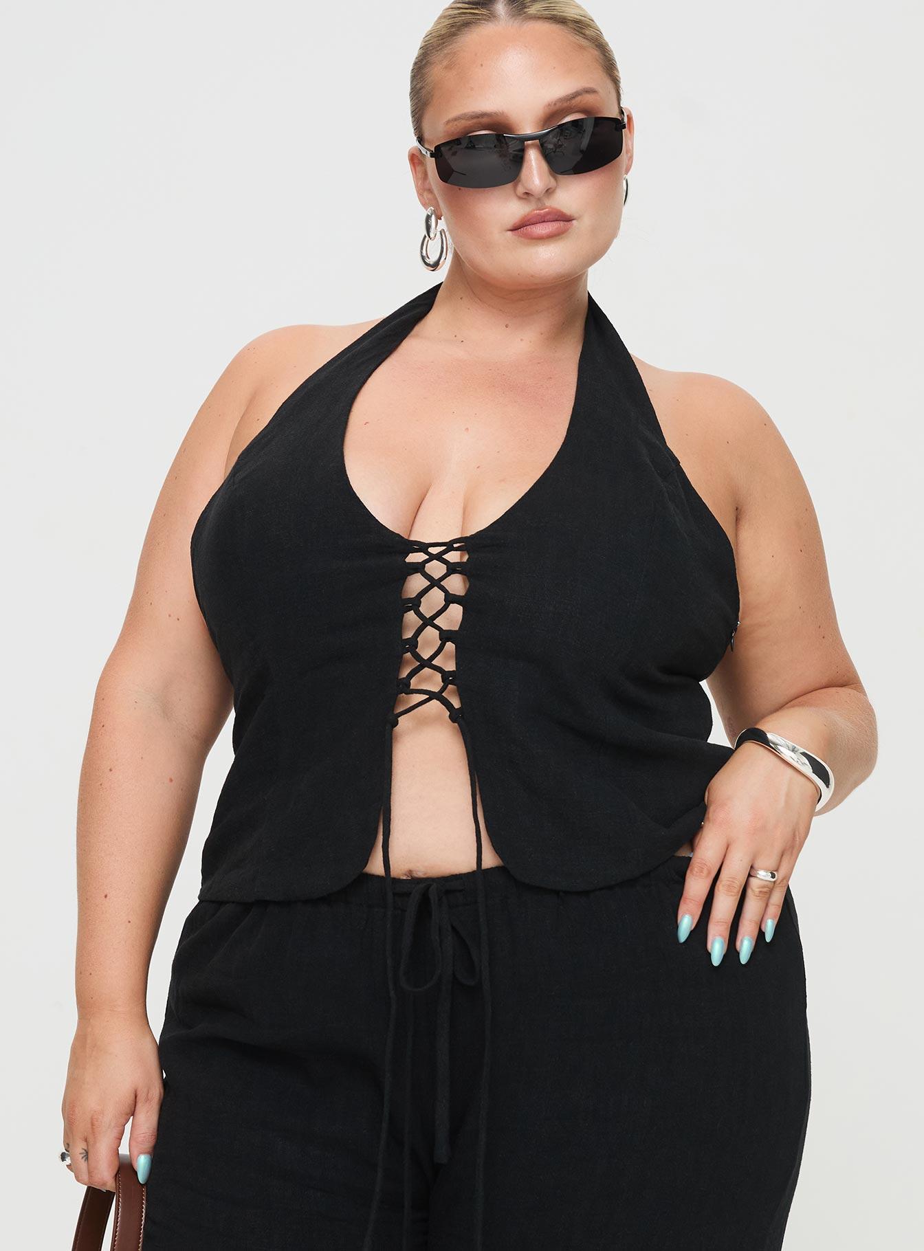 Clouded Linen Blend Vest Top Black Curve Product Image