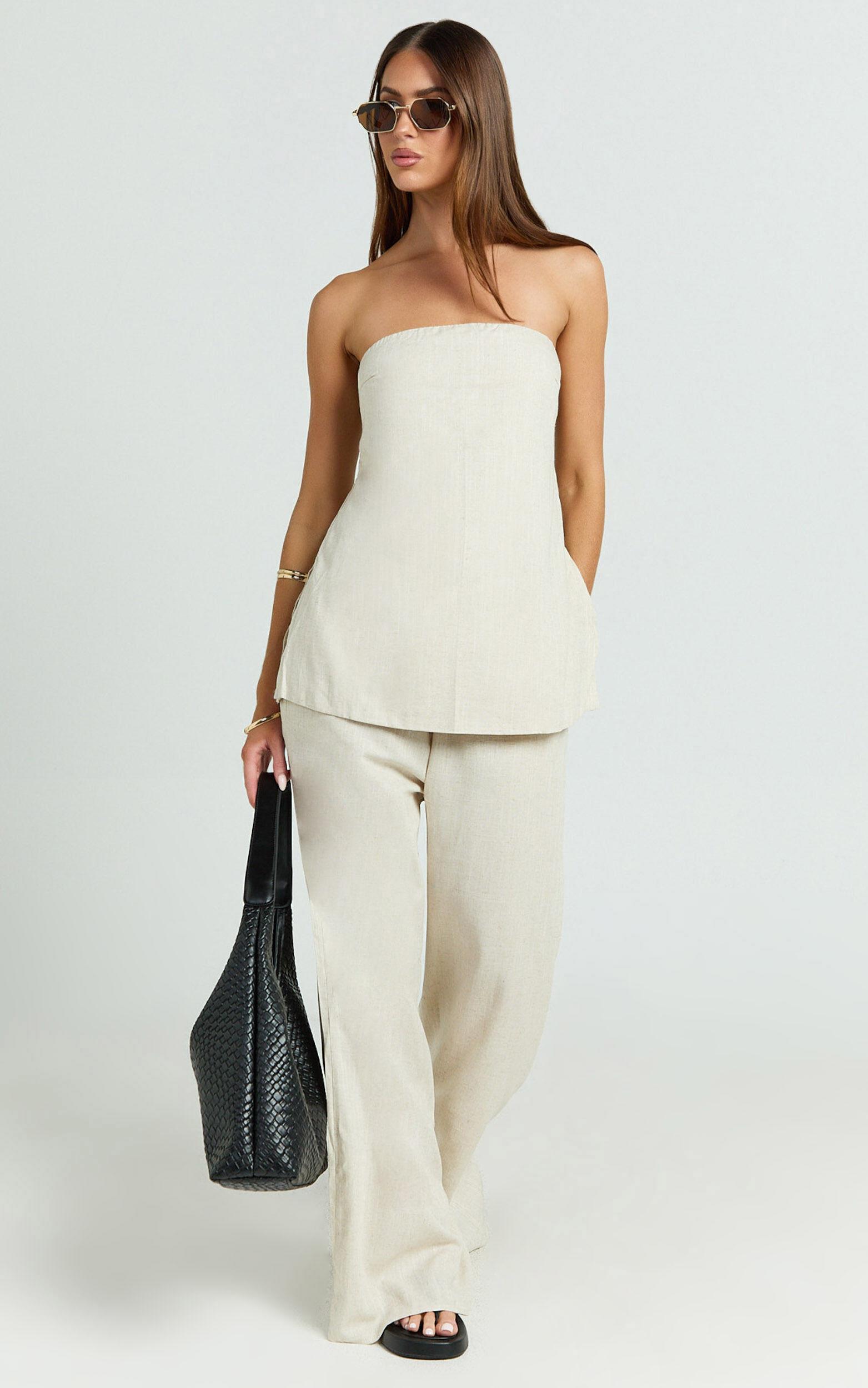 Kiesha Two Piece Set - Strapless Longline Top and Pants Set in Oatmeal Product Image