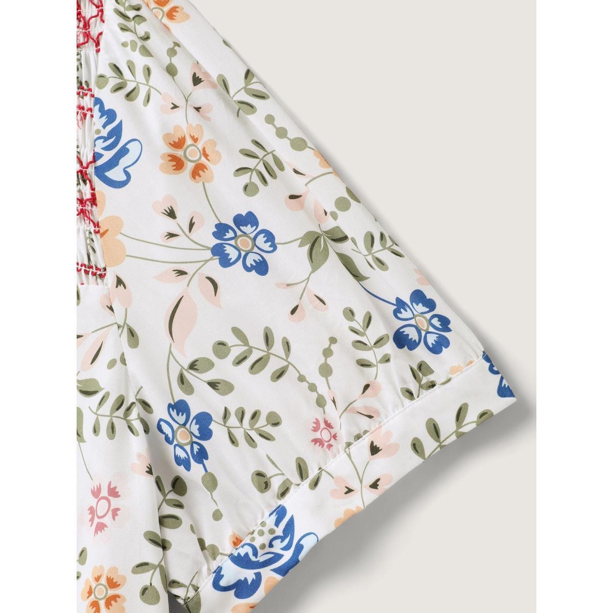 Plus Size Multicolor Floral Print Shirred Neck Blouse Women Short sleeve Round Neck Everyday-Elegant Blouses BloomChic 14-16/1X Product Image