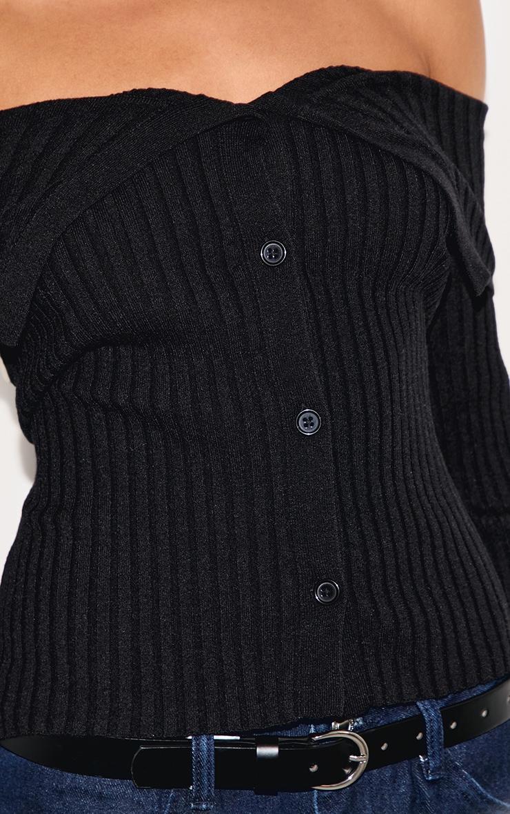 Black Rib Knit Fold Over Button Up Top Product Image