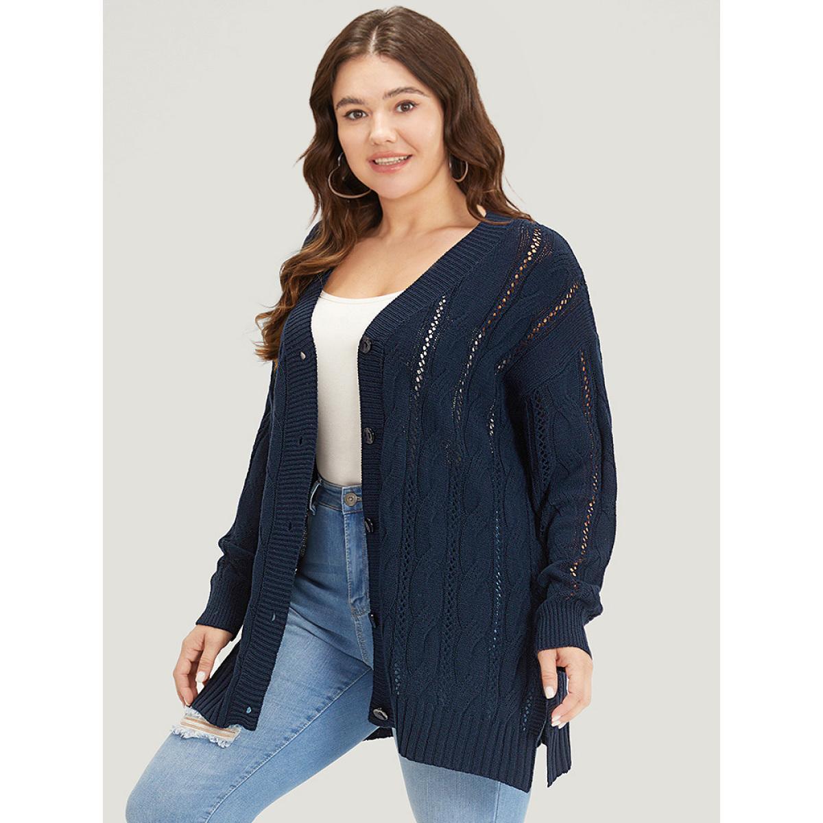 Plus Size Plain Button Up Cable Knit Split Side Cardigan Indigo Women Casual Loose Long Sleeve Everyday Cardigans BloomChic 14-16/1X Product Image