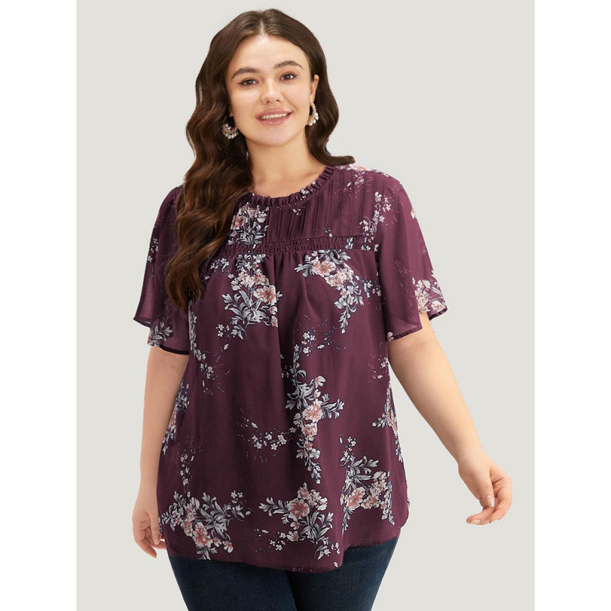 Plus Size Burgundy Floral Print Frill Trim Shirred Flutter Sleeve Blouse Women Elegant Short sleeve Round Neck Dailywear Blouses BloomChic 30/6X Product Image