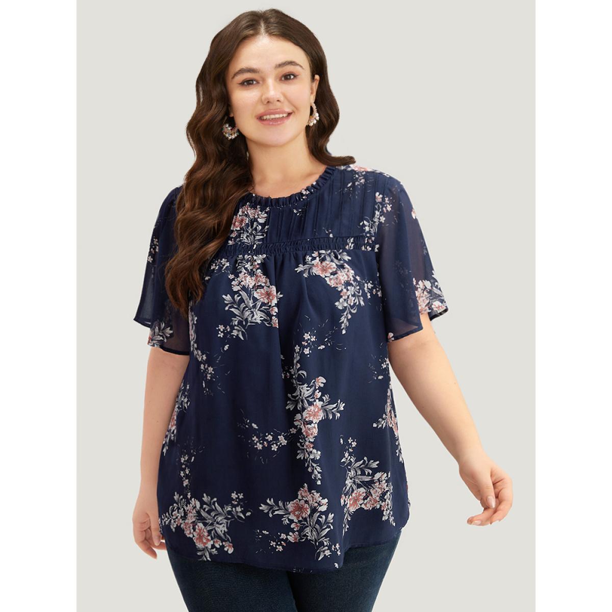 Plus Size Burgundy Floral Print Frill Trim Shirred Flutter Sleeve Blouse Women Elegant Short sleeve Round Neck Dailywear Blouses BloomChic 30/6X Product Image