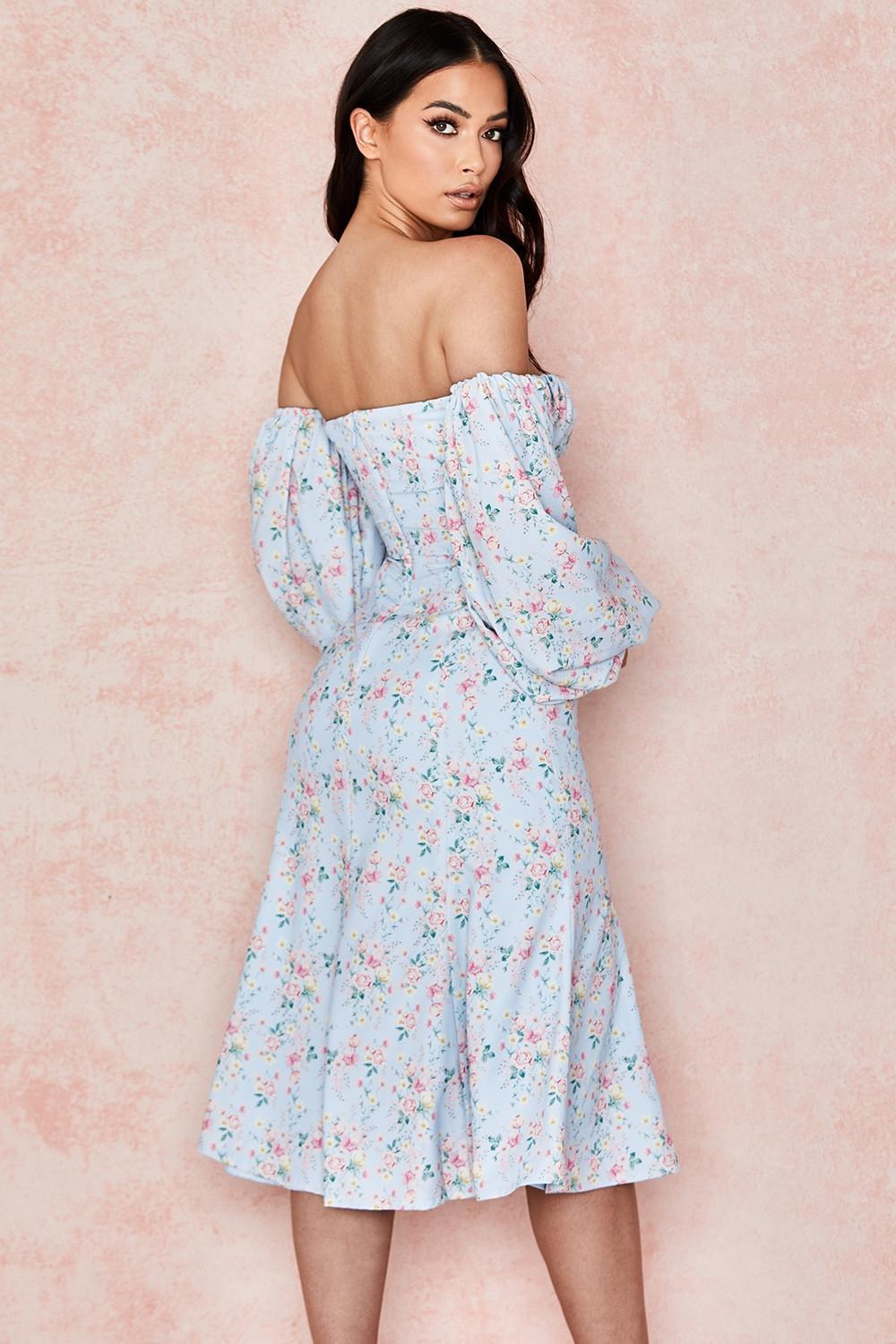 Hope Blue Floral Bardot Midi Sundress Product Image