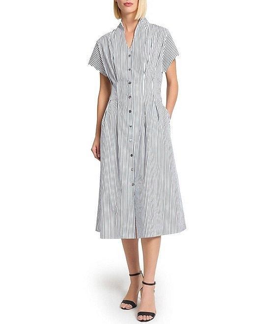 Ming Wang x Tanya Foster Cotton Pinstripe Stand Collar Short Sleeve Fit-And-Flare Dress Product Image