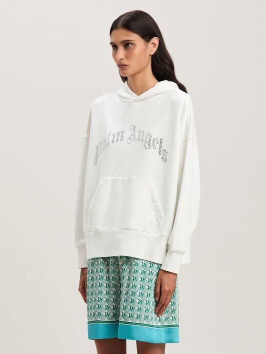 RHINESTONE CURVED LOGO HOODY OFF WHITE - Product Image