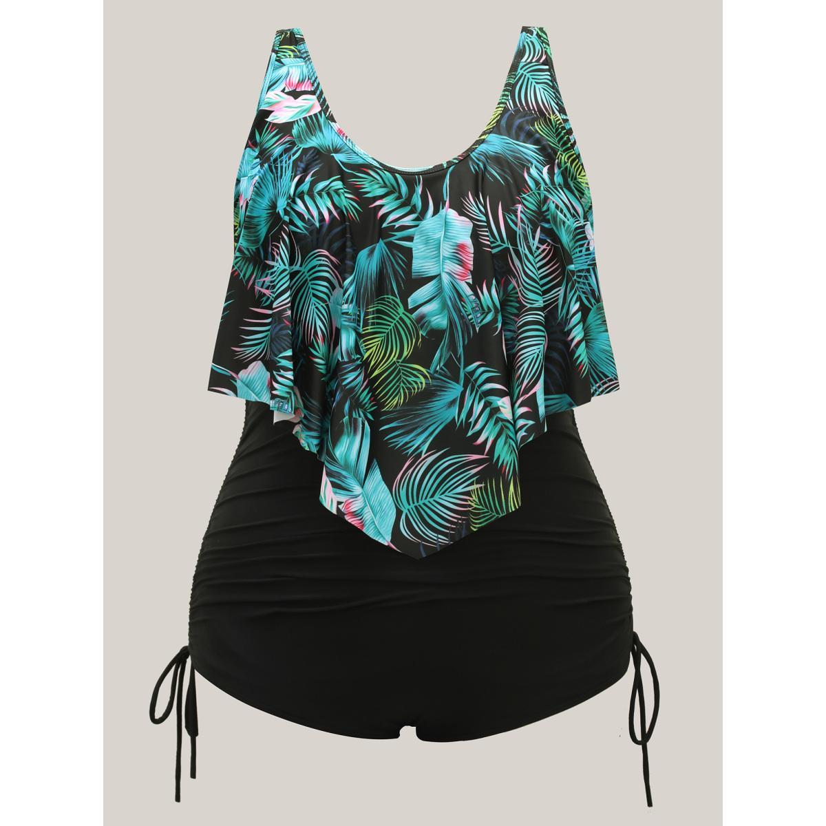 Plus Size Tropical Print Side Drawstring One-Piece Swimsuit Women's Swimwear Black Beach Drawstring Curve Bathing Suits High stretch One Pieces BloomChic 26/4X Product Image