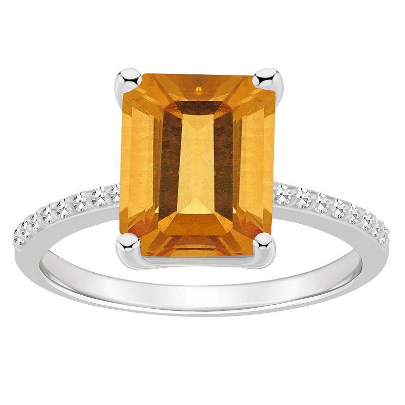 Alyson Layne Sterling Silver 10 mm x 8 mm Emerald Cut Gemstone & 1/10 Carat T.W. Diamond Ring, Women's, Citrine Product Image