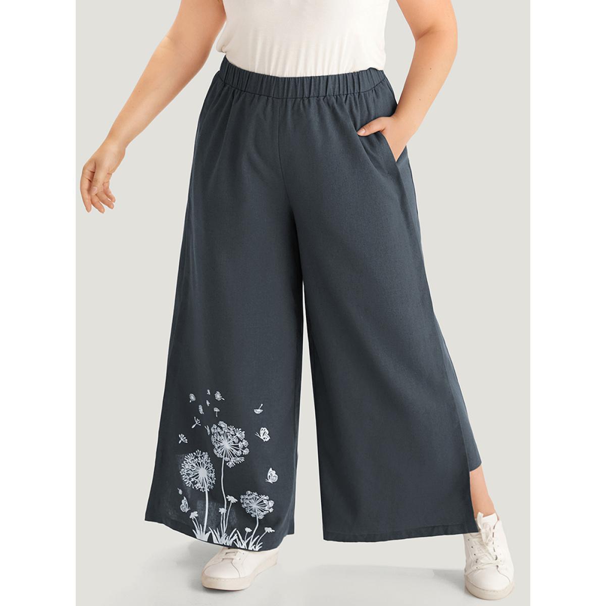 Plus Size Silhouette Floral Print Elastic Waist Wide leg Pants Women SlateGray Casual Straight Leg High Rise Dailywear Pants BloomChic 22-24/3X Product Image