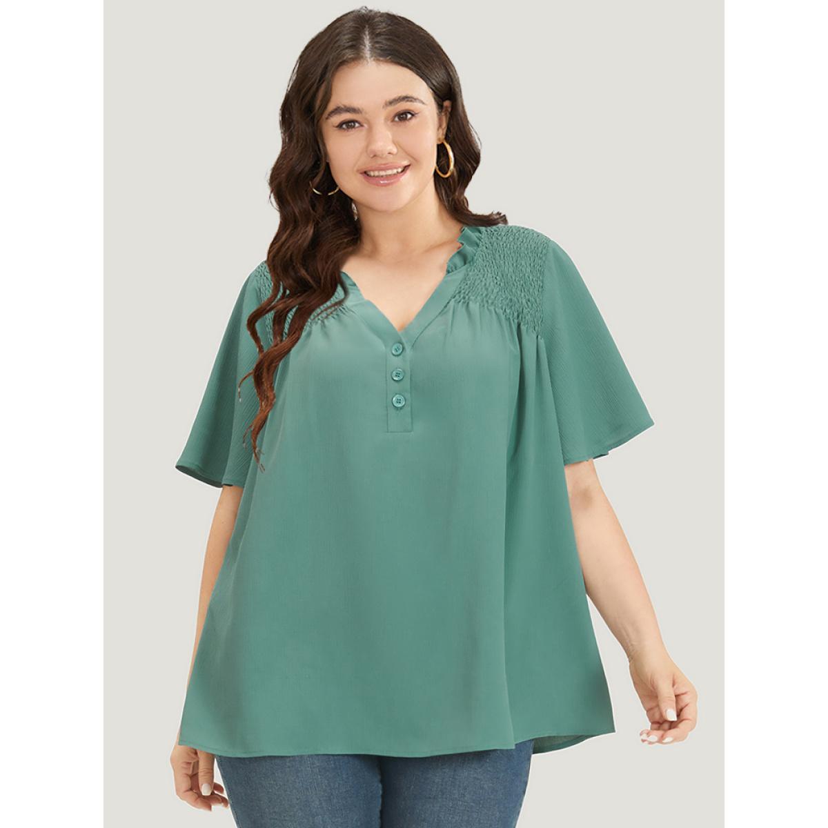 Plus Size Aegean Plain Shirred Button Through Frill Trim Stand Collar Blouse Women Elegant Short sleeve V-neck Dailywear Blouses BloomChic 12/L Product Image