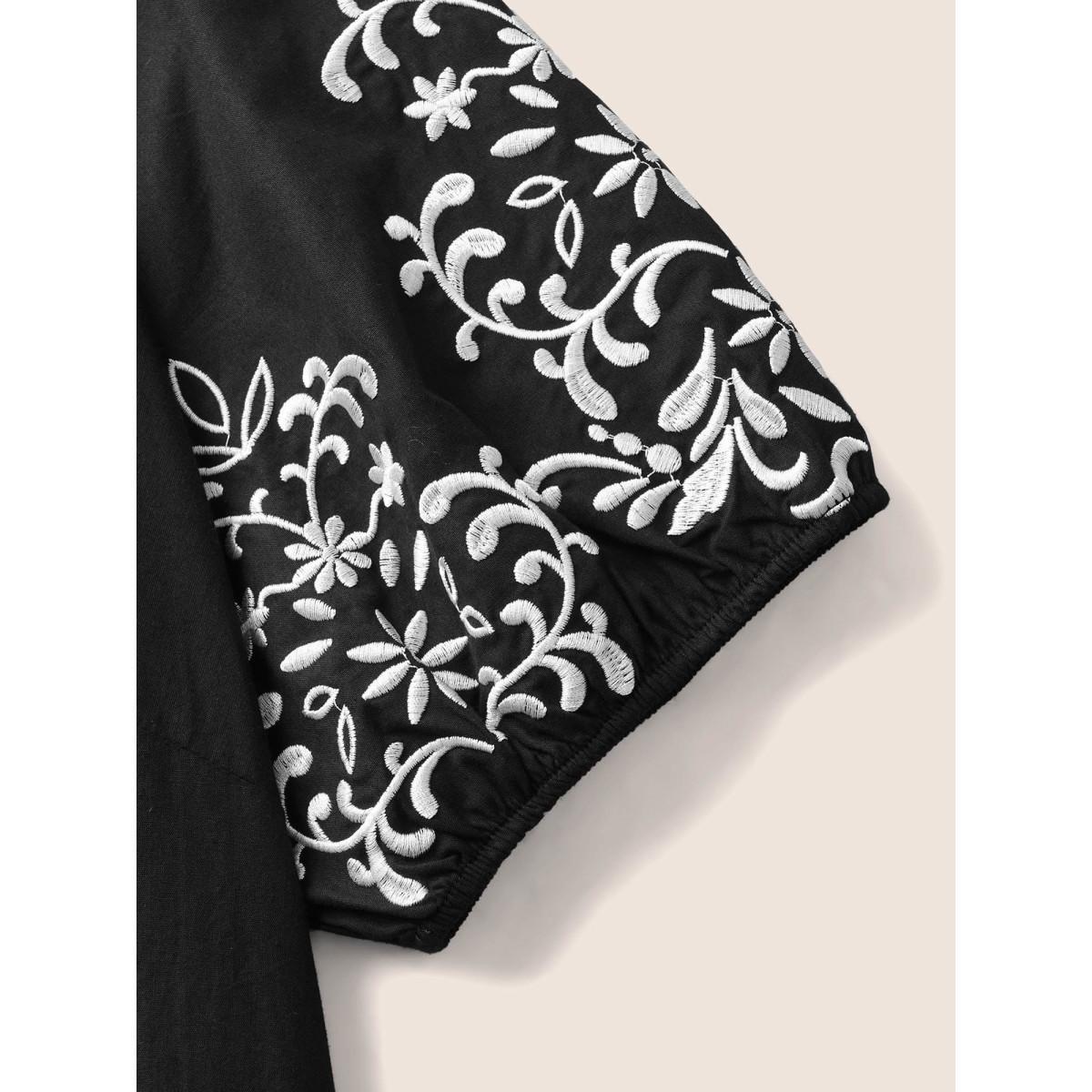 Plus Size Floral Embroidered Keyhole Lantern Sleeve Dress Black Women Casual Gathered Round Neck Half Sleeve Curvy BloomChic 12/L Product Image