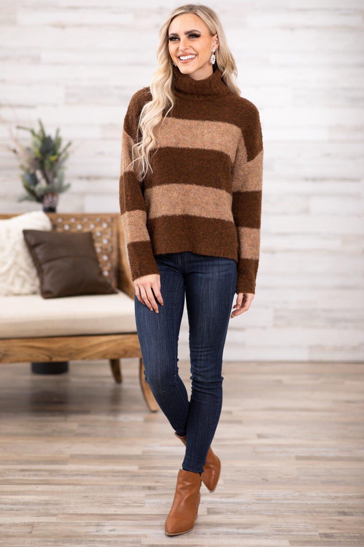 Brown and Tan Colorblock Turtleneck Sweater Product Image