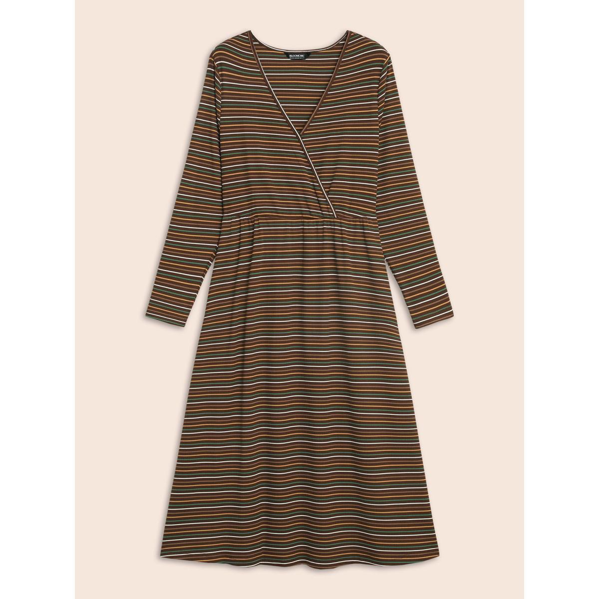 Plus Size Striped Overlap Collar Midi Dress Browncoffeecolor Women Elegant Texture Overlap Collar Long Sleeve Curvy BloomChic 18-20/2X Product Image