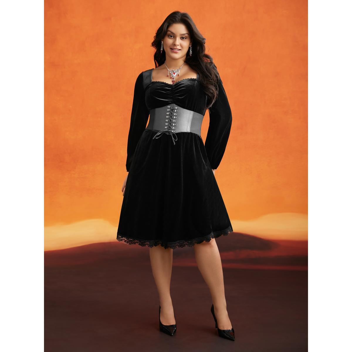 Plus Size Spellbound Velvet Sweetheart Neckline Midi Dress Black Women Cocktail Woven ribbon&lace trim Party Curvy Bloomchic 18-20/2X Product Image
