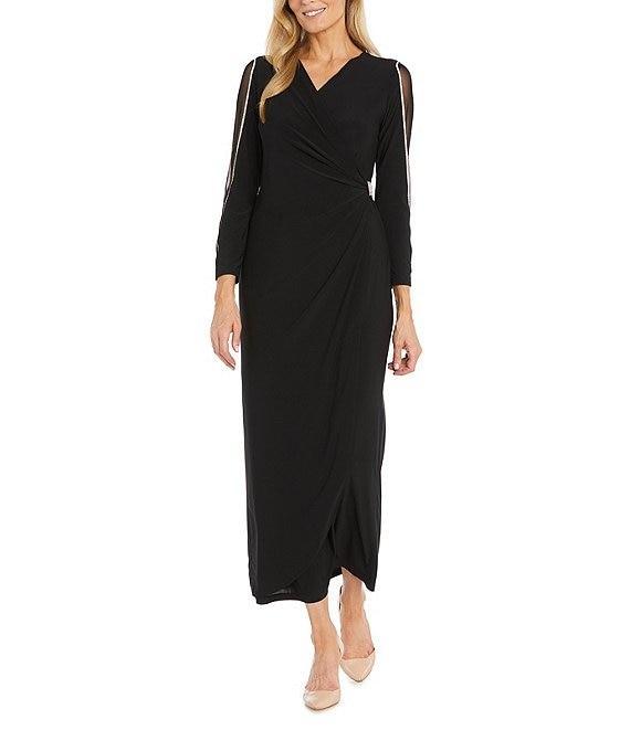 R & M Richards Mesh V-Neck 3/4 Sleeve Wrap Dress Product Image