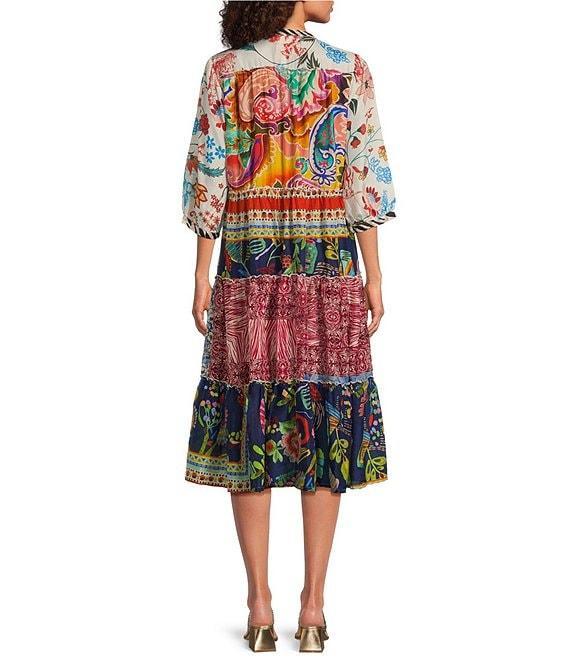 JOHNNY WAS Regia Silk Patchwork Boho Print Split V-Neck 3/4 Sleeve Button Front Tiered Midi Dress Product Image