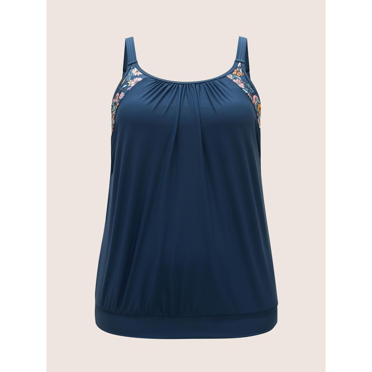 Plus Size U Neck Ditsy Floral Patchwork Gathered Swim Top Women's Swimwear Indigo Beach Gathered High stretch Bodycon U-neck Curve Swim Tops BloomChic 12/L Product Image