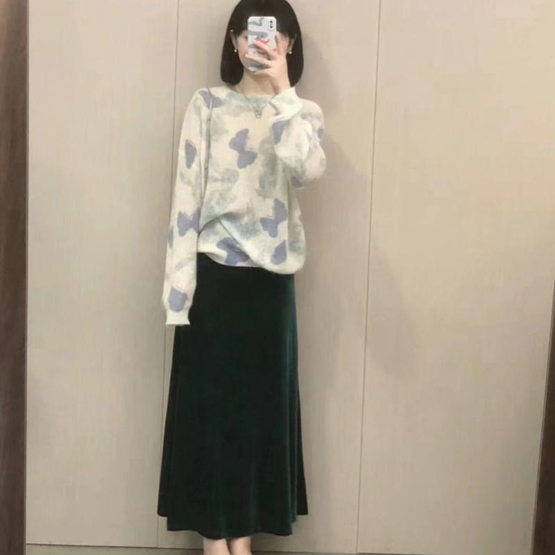 Crewneck Butterfly Jacquard Sweater / Midi A-Line Skirt / Set Product Image