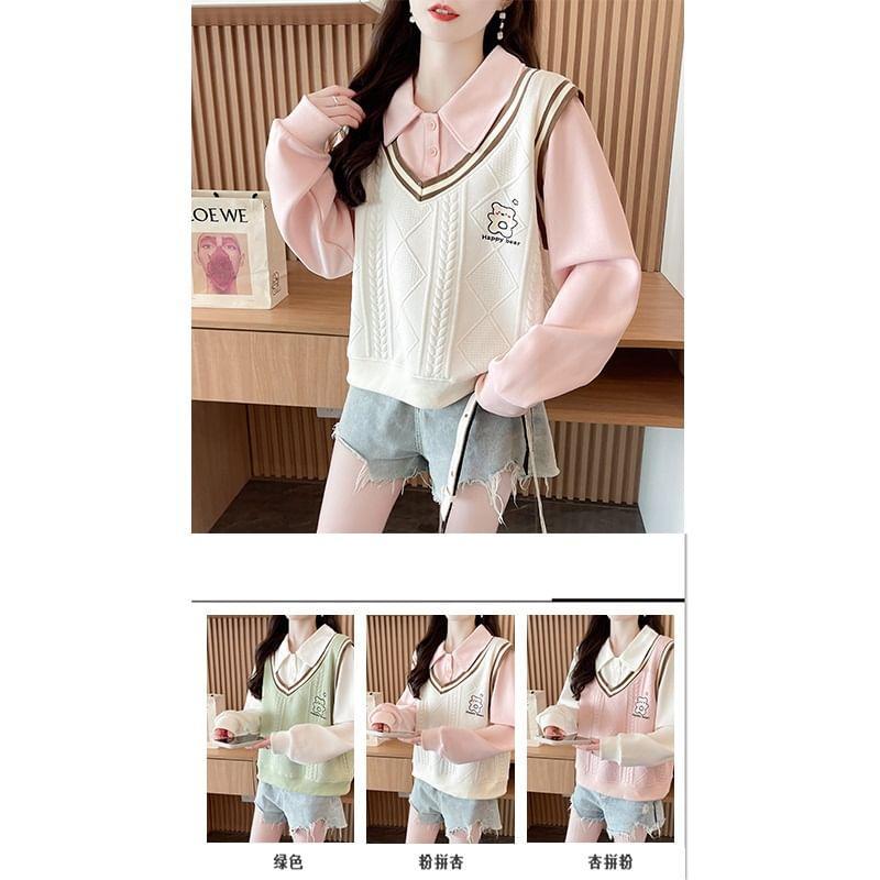 Collared Striped Bear Embroidered Mock Two Piece Button Pullover Product Image