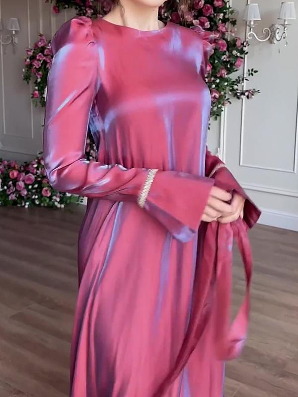 A-Line Long Sleeves Pleated Solid Color Tied Waist Zipper Round-Neck Maxi Dresses Product Image