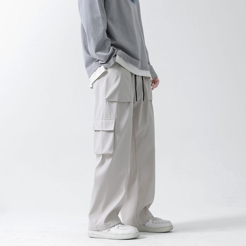 High Waist Plain Wide Leg Cargo Pants Product Image