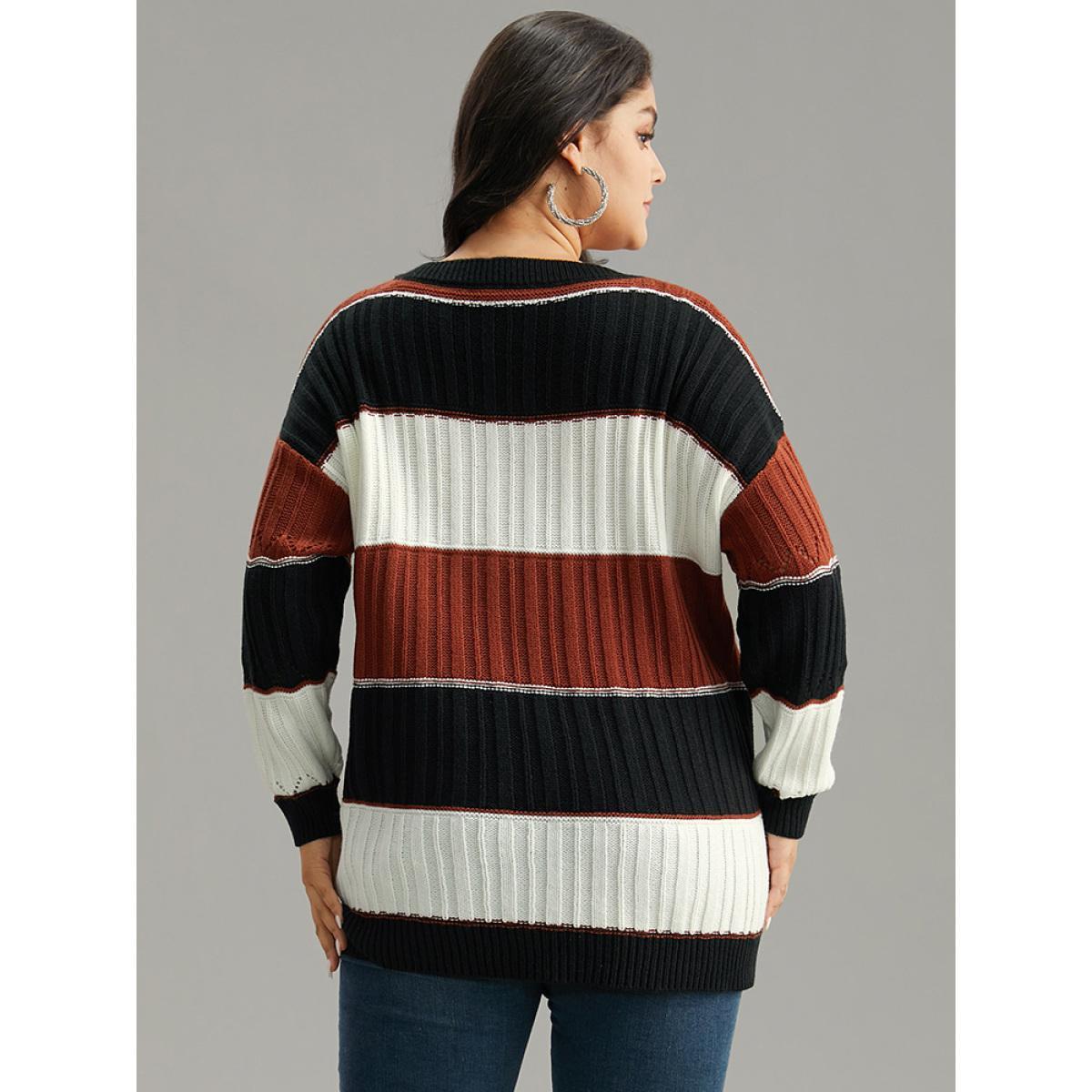 Plus Size Colorblock Contrast Hollow Out Drop Shoulder Pullover Multicolor Women Casual Loose Long Sleeve V-neck Dailywear Pullovers BloomChic 26/4X Product Image