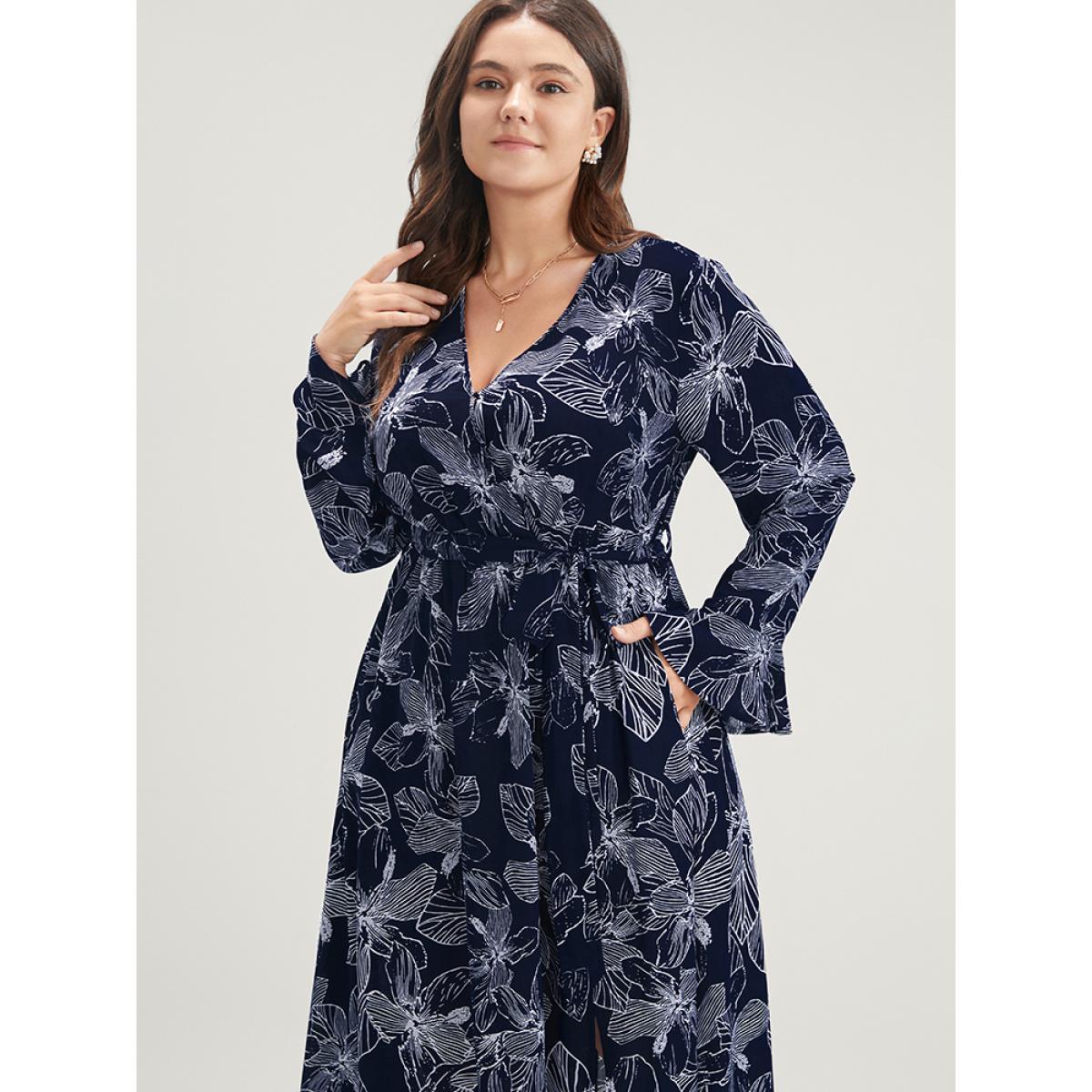 Plus Size Floral Print Belted Pocket Split Hem Wrap Dress DarkBlue Women Elegant Pocket V-neck Long Sleeve Curvy Midi Dress BloomChic 14-16/1X Product Image