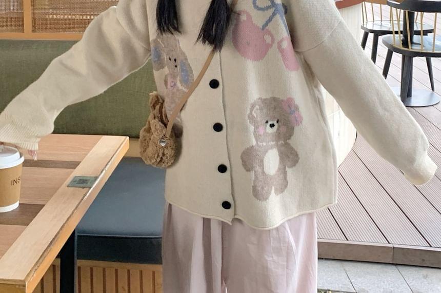 Crewneck Bear Jacquard Cardigan / High Rise Wide Leg Pants Product Image