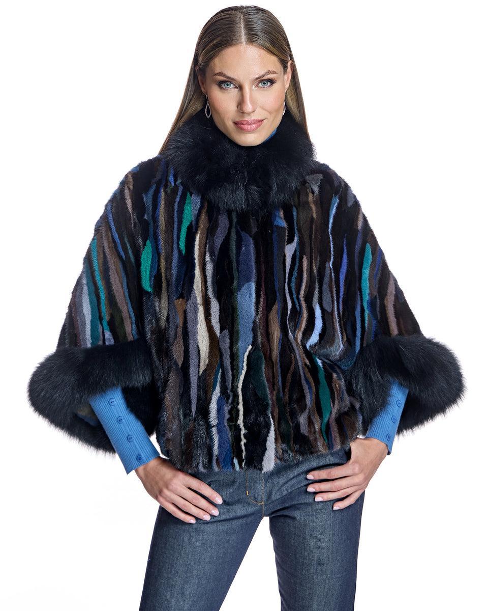 Semi Sheared Mink Section Cape with Fox Trim Product Image