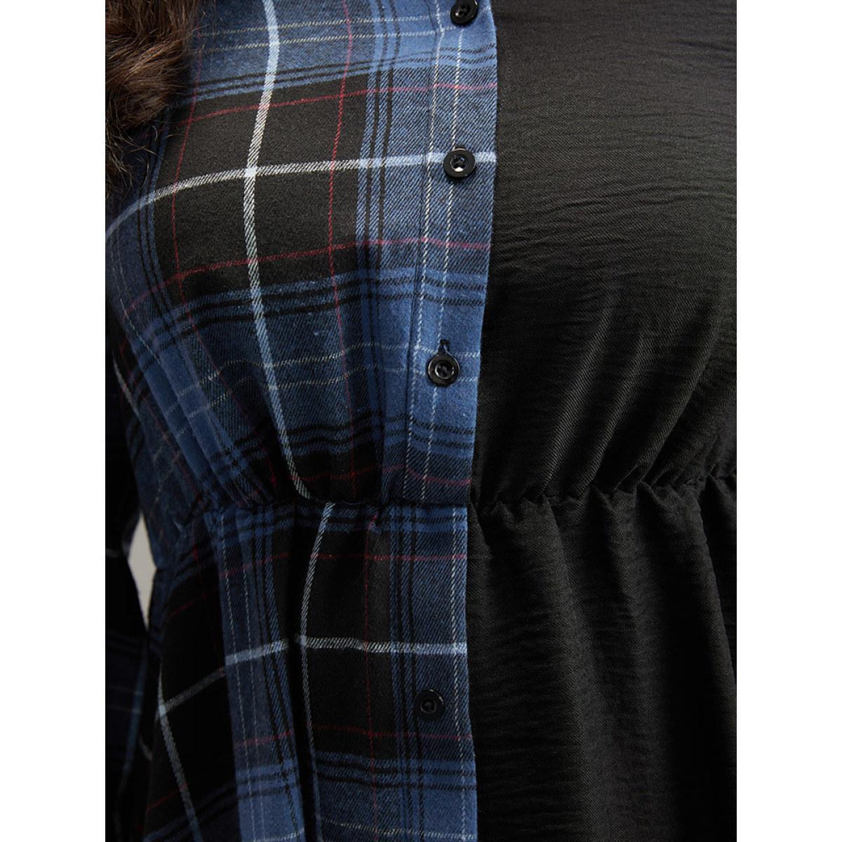 Plus Size Plaid Patchwork Button Through Pocket Dress Multicolor Women Office Contrast Shirt collar Long Sleeve Curvy Midi Dress BloomChic 22-24/3X Product Image