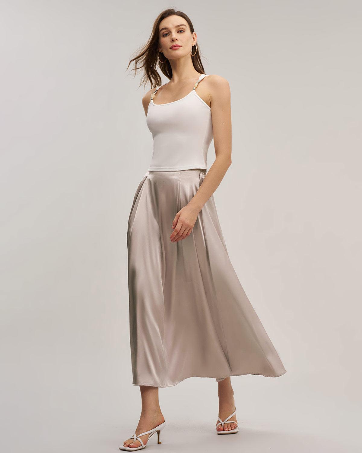Pink Elastic Waist Flared Midi Skirt Product Image